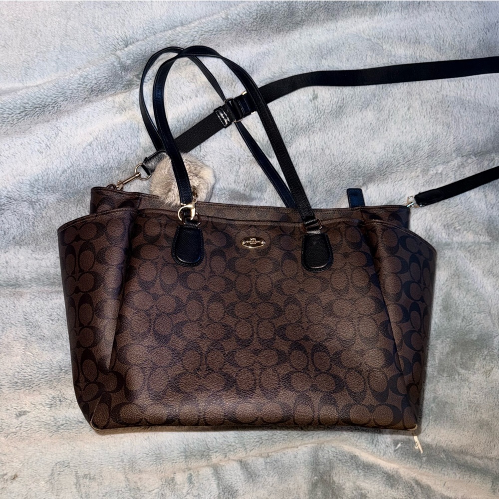 Coach Brown Signature Canvas Tote with Black Leather Straps